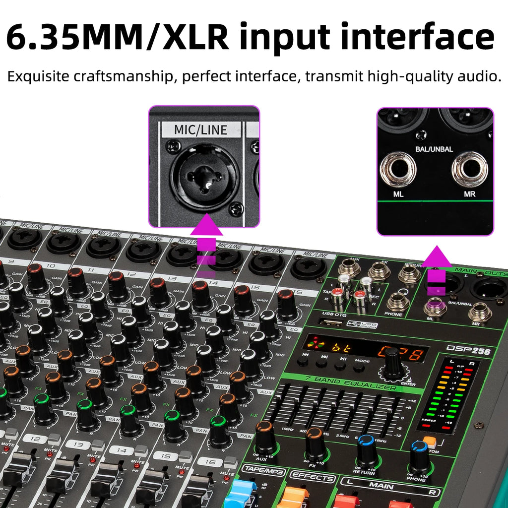 16 Channels Audio Sound Mixer Depusheng MG16 Mixing DJ Console USB with 48V Phantom Power 256 DSP Effects Sound Table for stage