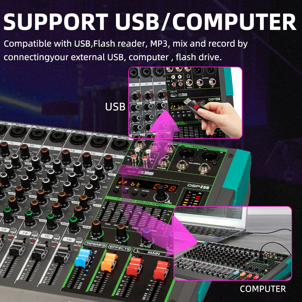 16 Channels Audio Sound Mixer Depusheng MG16 Mixing DJ Console USB with 48V Phantom Power 256 DSP Effects Sound Table for stage