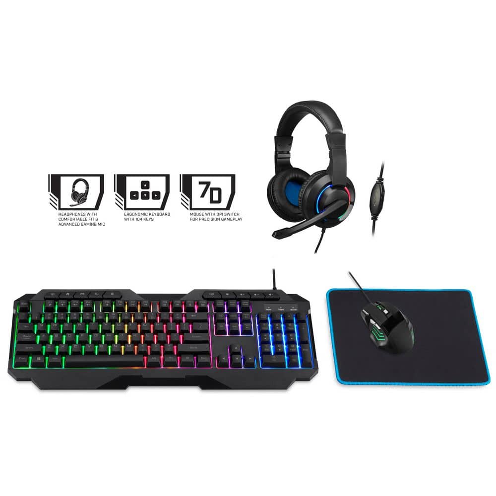 4-In-1 Gaming Bundle, Gaming Keyboard, Gaming Mouse, Gaming Headset, and Desk Pad Included, Black,