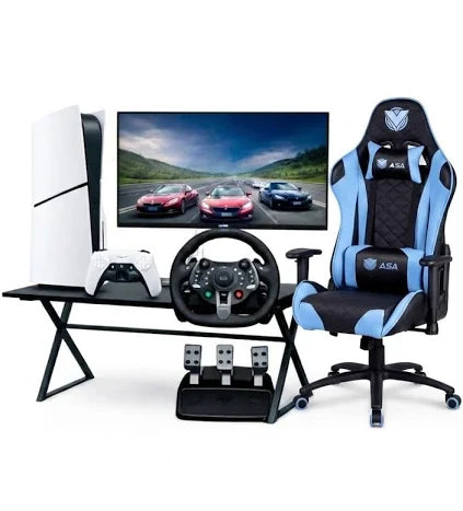 PS5 gaming setup with chair, wheel, and monitor